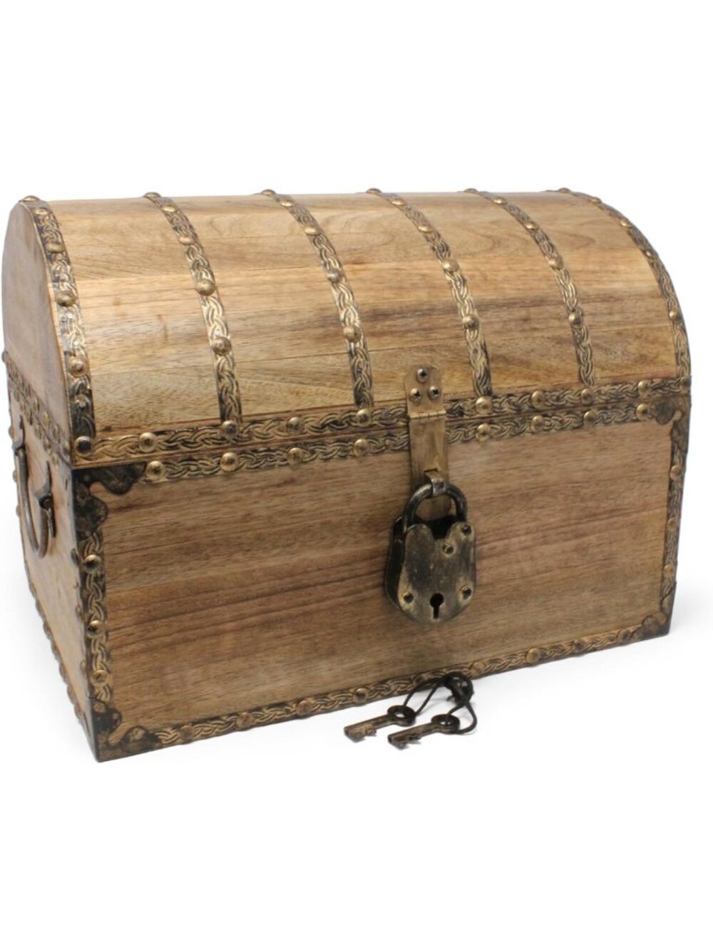 Antique Style Wooden Treasure Chest with Decorative Rivets & Lock, Large